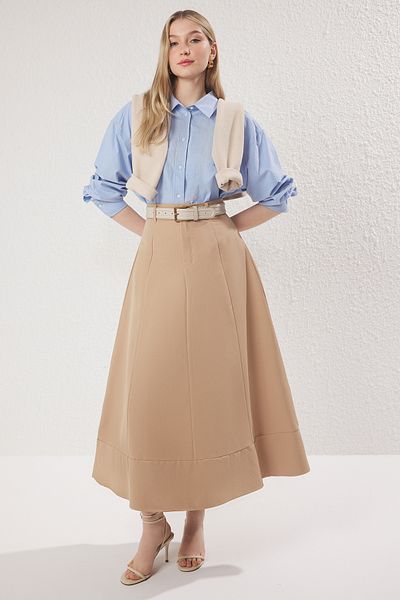 Trendyol Modest Υφαντή Φούστα - Camel TCTSS25EE00007
