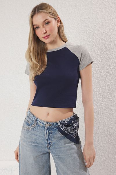 Trendyol Collection Navy Blue Color Block Fitted Crop Top, Fitted Cotton Stretch Knitted T-Shirt