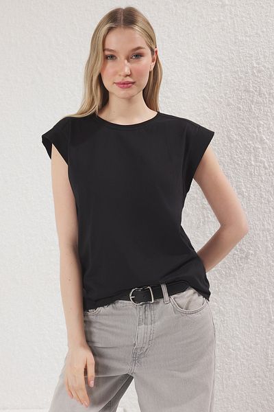 Trendyol Collection Black Rib Detailed Moon Sleeve Basic Knitted T-Shirt Twoss24Ts00008