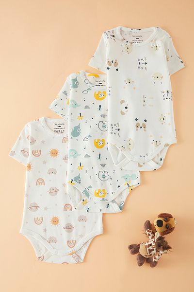 TRENDYOLKIDS White-White-White 3-Piece Unisex 100% Cotton Basic Baby Snap Body/Body Suit Tkdss25Zo00000