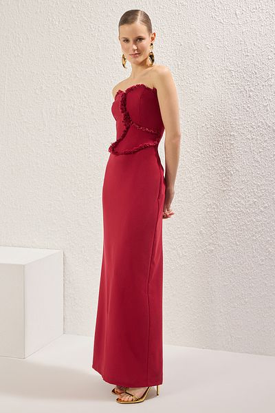 Trendyol Collection Burgunderrotes, gerades, gerade geschnittenes, mit Quasten gewebtes Finike-Maxi-Abendkleid und Heimkehrkleid