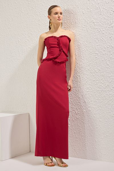 Trendyol Collection Burgunderrotes, gerades, gerade geschnittenes, mit Quasten gewebtes Finike-Maxi-Abendkleid und Heimkehrkleid
