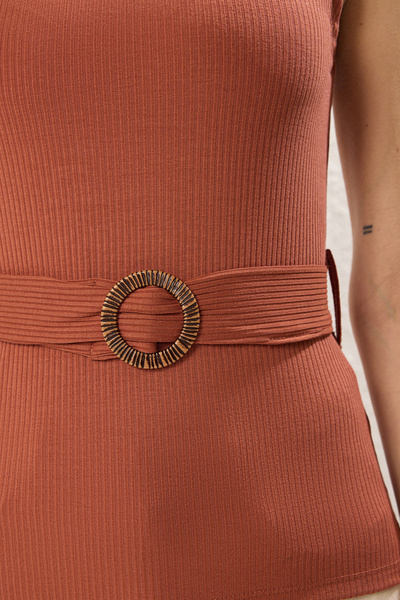 Trendyol Collection Brick Colored Stand Collar and Belt Knitted Blouse - Twoss25Bz00139