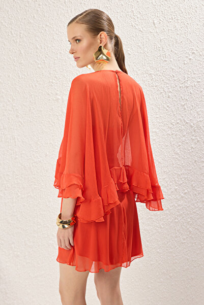 Trendyol Collection Pomegranate Flower Straight Ruffles Woven Yoryo Chiffon Mini Lining Cocktail Dress