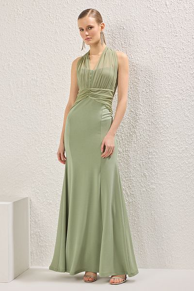 Trendyol Collection Mintfarbenes, gerades Sandy-Maxi-Abend- und Heimkehrkleid mit Fischkordelzug/Drapierung