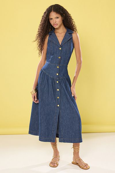 Trendyol Collection Inggallér Sötétkék Midi farmer ruha - TWOSS25EL00149