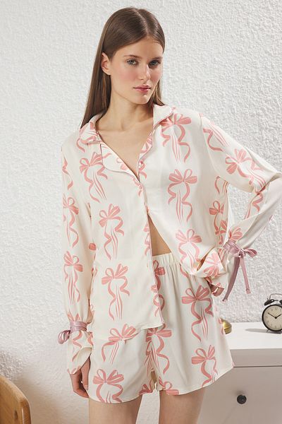 Trendyol Collection Ecru-Multicolor Laced/Ribbon/Bow Viscose Shorts Woven Pajamas Set Thmss24Pt00047
