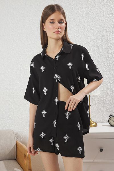 Trendyol Collection Black Ethnic Patterned Woven Pajamas Set with Shorts Thmss25Pt00340