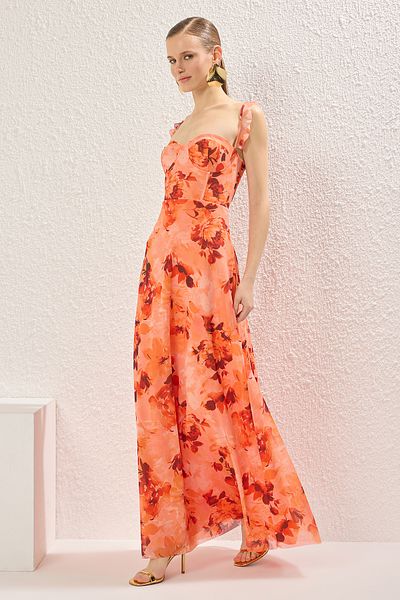 Trendyol Collection Mehrfarbiges, florales, gestricktes Maxi-Abendkleid aus Tüll in A-Linie und Heimkehrkleid