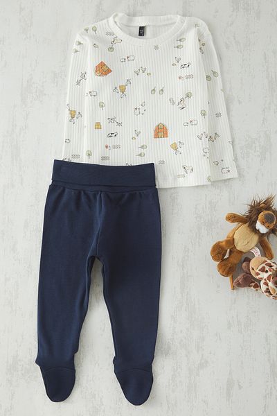 TRENDYOLKIDS Ecru*001 Unisex Baby 100% Cotton Printed T-Shirt Leggings Knitted Top and Bottom Set Tkdss25Au00104