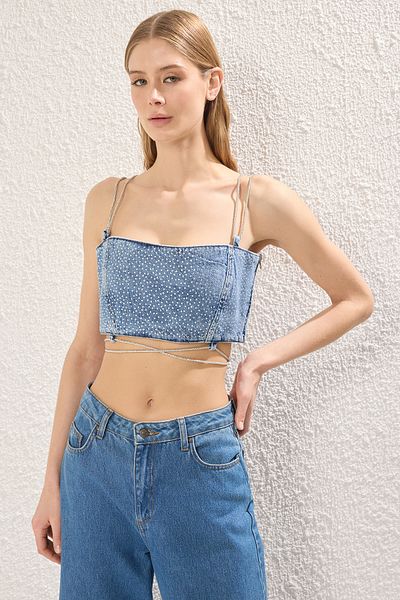 Trendyol Collection Limitovaná edice - Blue Stone Detailed Crop Denim Blouse Twoss25Bz00367