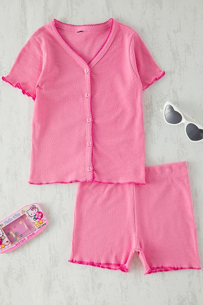 TRENDYOLKIDS Pink Female Child V-Neck Knitted Bottom-Top Suit Tkdss25Au00106