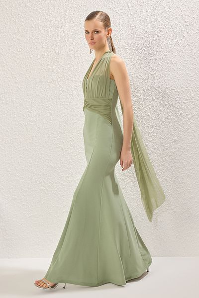 Trendyol Collection Mintfarbenes, gerades Sandy-Maxi-Abend- und Heimkehrkleid mit Fischkordelzug/Drapierung