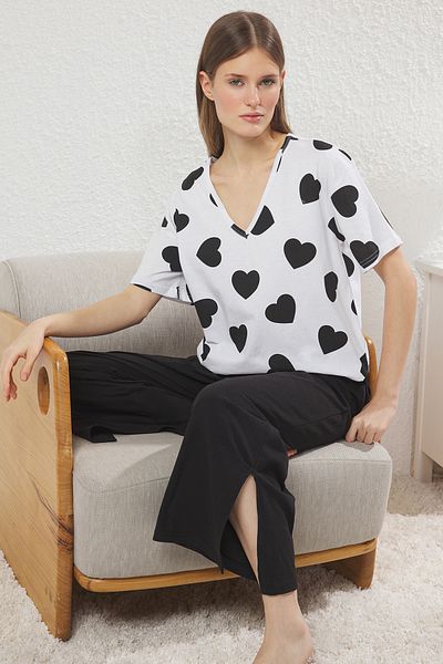 Trendyol Collection White-Multicolor Heart Single Jersey Knitted Pajamas Set Thmss25Pt00277