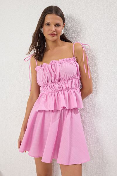 Trendyol Collection Strap Pink Blouse and Skirt Beach Set - Drawstring Detail Tbess25Au00043