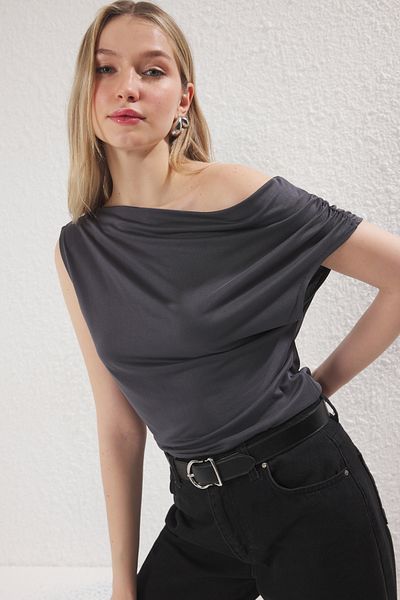 Trendyol Collection Anthracite More Sustainable Modal Fluid Fabric Fitted Asymmetric Collar Knitted Blouse Twoss25Bz00398