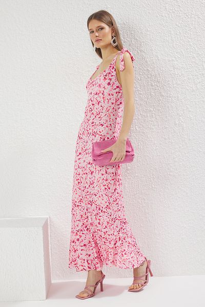 Trendyol Collection Multicolor Straight Lacing Detail Maxi Abstract Printed Lacing Detail Stretchy Knitted Dress Twoss25El00679