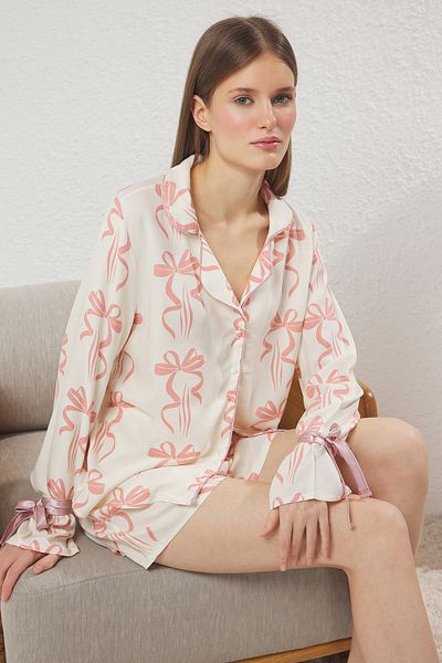 Trendyol Collection Ecru-Multicolor Laced/Ribbon/Bow Viscose Shorts Woven Pajamas Set Thmss24Pt00047