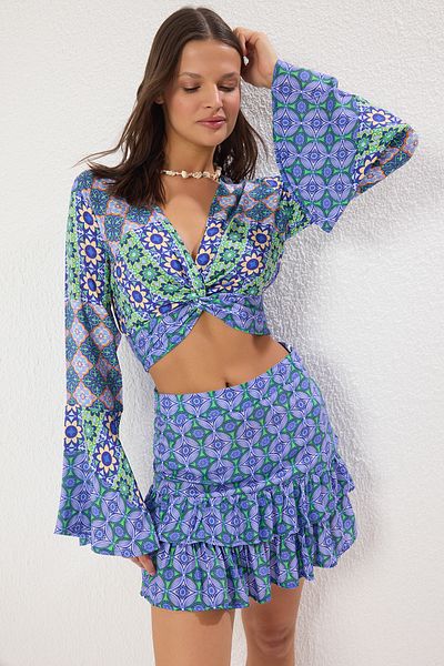 Trendyol Collection Etnikai mintás strandruha - Flounces blúz és szoknya TBESS25AU00031