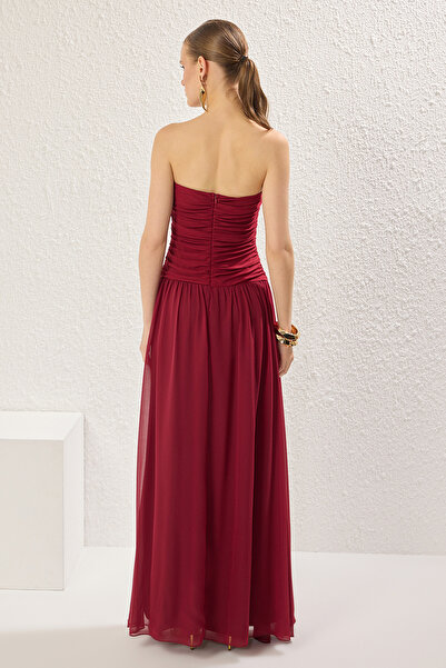 Trendyol Collection Σκούρο Cherry A-Line Draped Chiffon Woven LongFlight Flight Κομψό βραδινό φόρεμα επιστροφής στο σπίτι TPRSS25AE00151