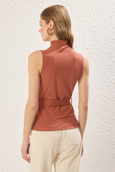 Trendyol Collection Brick Colored Stand Collar and Belt Knitted Blouse - Twoss25Bz00139