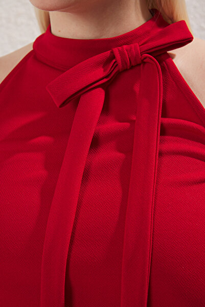 Trendyol Curve Red Halter Neckline Lacing Detail Knitted Plus Size Blouse Tbbss25Af00007