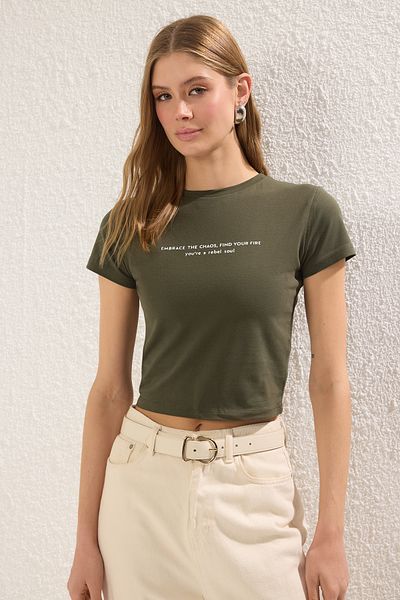 Trendyol Collection Khaki Knitted Crop T-Shirt - Slogan Printed, Fitted Twoss25Ts00037