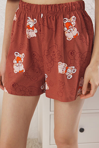 Trendyol Collection Braunes Teddybär-Shorts-Set aus 100 % gestrickter Baumwolle