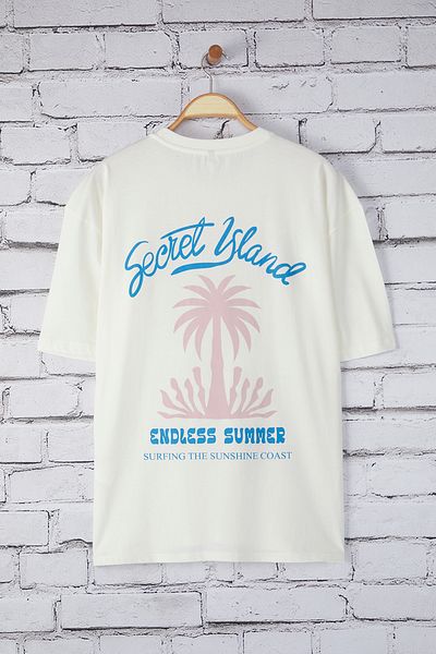 Trendyol Collection Εκρού Island εμπριμέ υπερμεγέθη βαμβακερό μπλουζάκι - TMNSS23TS00120