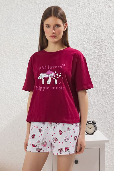 Trendyol Collection Set pijamale 100% bumbac cu modele pentru timp liber Roșu Claret THMSS25PT00393