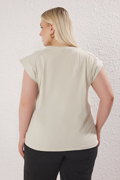 Trendyol Curve Beige Large Size T-Shirt - 100% Cotton, Regular Fit Tbbss25Bf00004