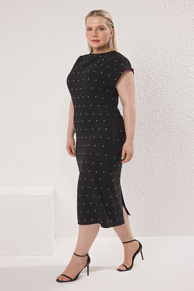 Trendyol Curve Black Sleeveless Stones Mini Woven Plus Size Party/Homecoming/Evening Dress Tbbss25Ah00164