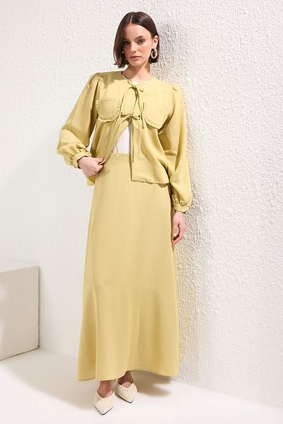 Trendyol Modest Light Khaki Binding Detailed Linen Blended Woven Bottom-Top Suit Tctss25Us00031