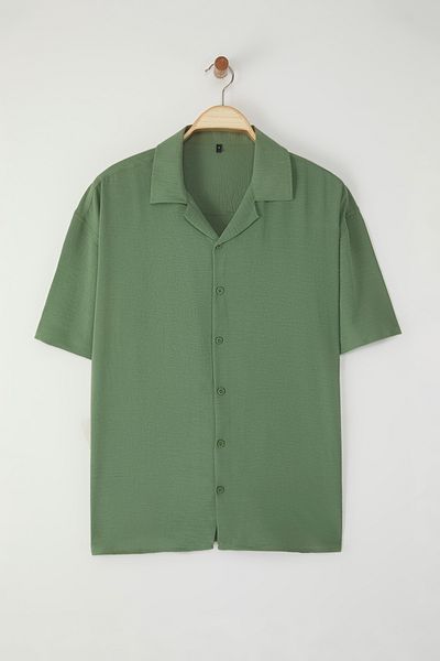 Trendyol Collection Χακί Oversize Fit Καλοκαιρινό κοντομάνικο λινό πουκάμισο TMNSS24GO00019
