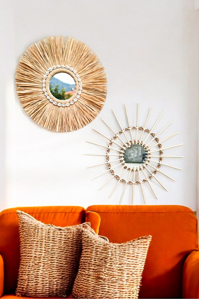 Bubihome Deniz Kabuklu Rafya Ayna Bambu Ayna 2'li Hasır Ayna Seti