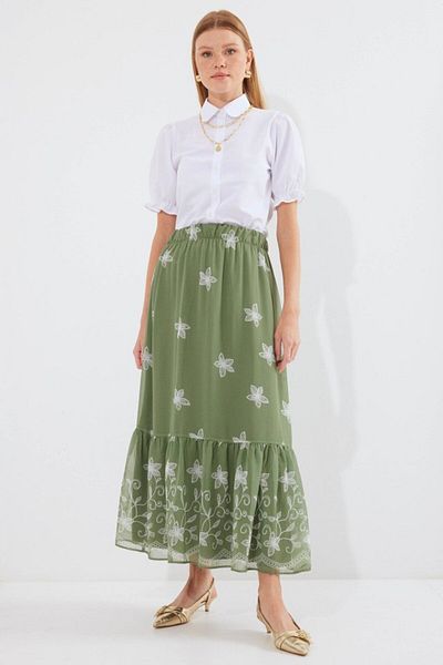 modaserdem 8010 Patterned Chiffon Skirt - Khaki