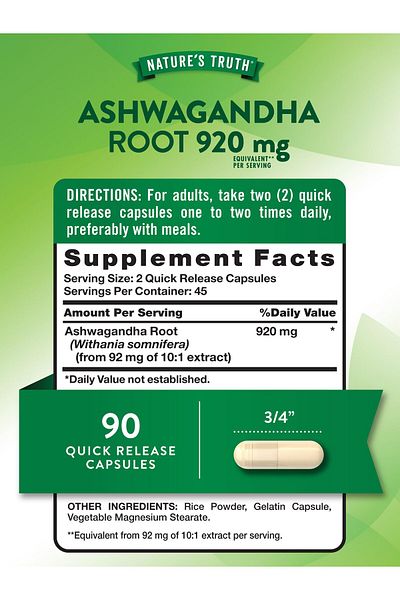 Nature's Truth Ashwagandha Capsules | 920 mg | 90 Count | Non-GMO & Gluten Free Supplement