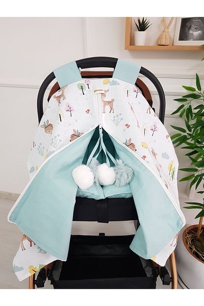 ilkimbebe Ceylanlı Ponpon Buho Double Sided Zippered Baby Stroller Cover and Cushion