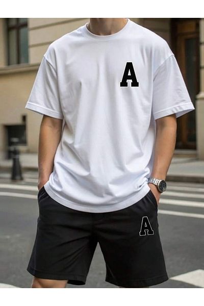 BYMEER White Letter a Printed Bottom Top Shorts T-Shirt Set