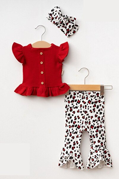 Cantoy Kız Bebek Leopar Desenli Kolları Volanlı Bandanalı 3'lü Takım