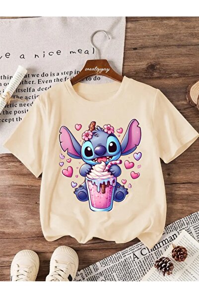 oneagılyazı Stitch Milkshake Baskılı Çocuk Oversize T-Shirt