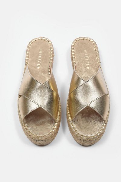 NILUFARR Papuci espadrille pentru femei Shell Gold din piele naturală