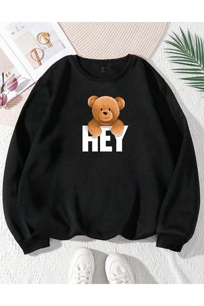 RPT MODA Oversized Casual Cut Hey Bear Print Detail Cycling Collar Basic Sweatshirt Top
