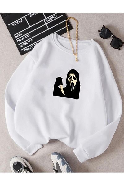 RPT MODA Oversized Casual Cut Outline Printed Detail Cycling Collar Basic Sweatshirt Top