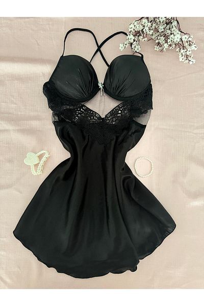 MH Moony Homewears Cămașă de noapte uimitoare cu piept acoperit cu piatră neagră din satin