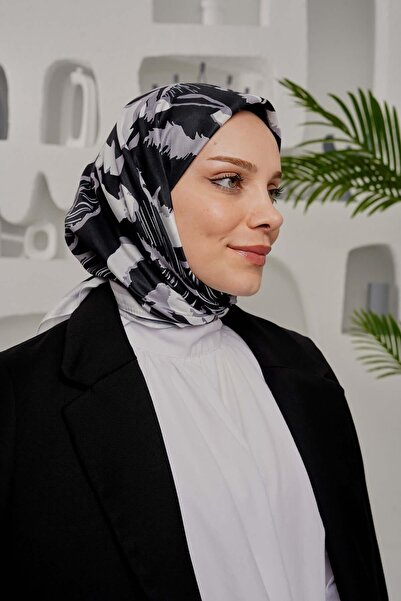 AFVENTE Eșarfă din bumbac moale cu model de frunze negru - alb