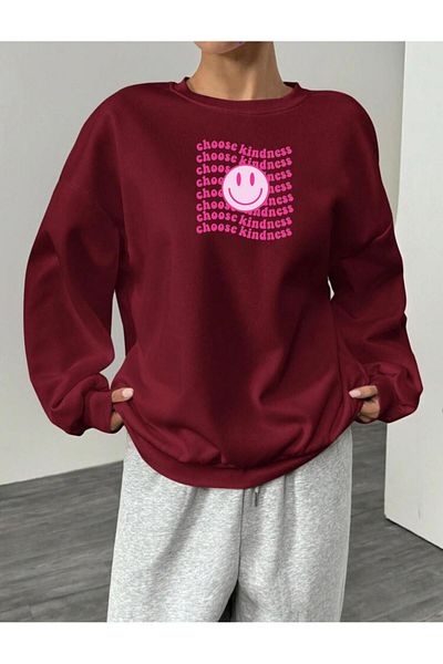 RPT MODA Oversized Casual Cut Pink Text Emoji Print Detail Cycling Collar Basic Sweatshirt Top