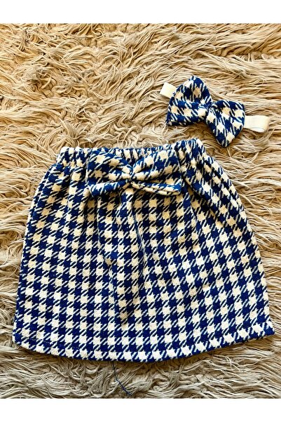 enes baby Bow Detailed Houndstooth Skirt and Bandana 2 Piece Set Girl Child H...