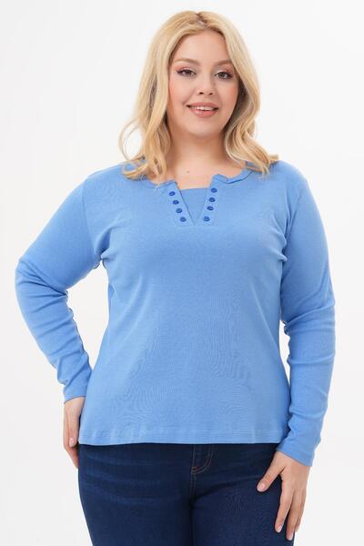 Siyezen Plus Size Double Button Detailed Cotton Lycra Basic Blouse