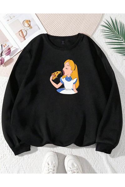 RPT MODA Oversized Casual Cut Pizza Girl Printed Detail Cycling Collar Basic Sweatshirt Top